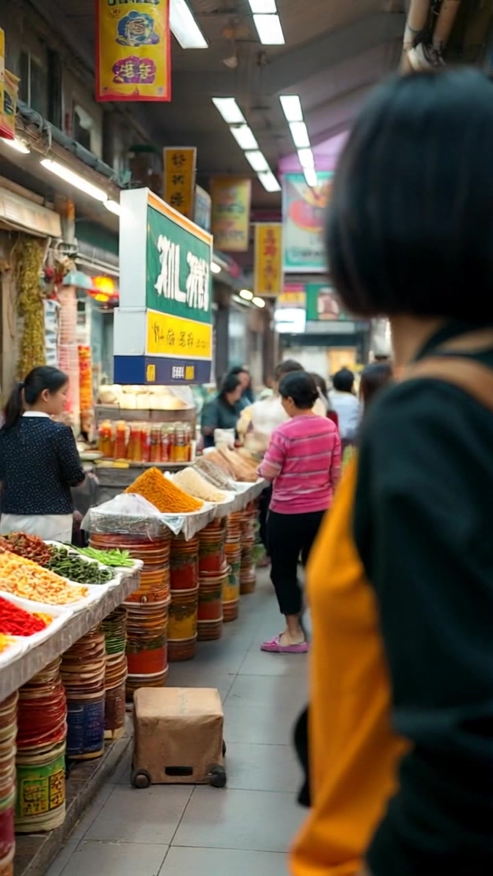Scene: A vibrant marketplace bustling with street food vendors, colorful spices, and lively patrons. Motion: The camera follows fluidly alongside a person walking through the market, capturing the vibrant displays and interactions around them. Lighting: Bright, natural daylight illuminating the scene, enhancing the vivid colors of the food and spices. Atmosphere: Energetic and inviting, filled with the sounds and scents of the marketplace.