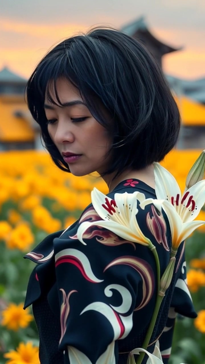Subject: A figure standing alone in a village, adorned with black lilies blooming on her skin. Subject movement: She gazes downcast, with gentle, melancholic movements as the wind stirs the lilies. Scene: A quaint village setting with rustic buildings and cobblestone streets, enveloped in a calm atmosphere. Style: Soft, diffused lighting creating a gentle glow, enhancing the mood of introspection. Motion: The camera slowly dollies in, capturing the intimate scene, transitioning from a wide shot of the village to a close-up of her poignant expression.