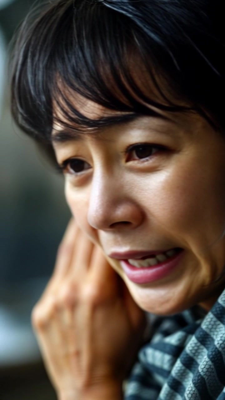 Subject: A distraught mother confronting her son, her face expressing deep sorrow and heartache. Scene: A close-up of a mother standing on a rocky coastline, waves crashing dramatically in the background. Lighting: Soft dusk light creates an emotional atmosphere, enhancing the mother's emotional state. Motion: Camera gradually pushes in on the mother's face, capturing the intensity of her emotions as she speaks.