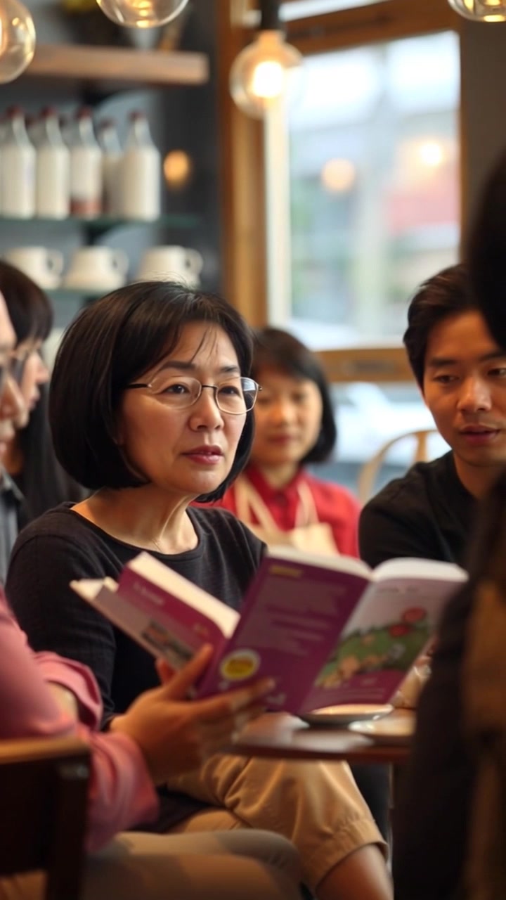 Scene: A cozy coffee shop filled with the warm aroma of freshly brewed coffee, where a group of eager customers sits around a rustic wooden table, listening intently to a storyteller. Style: Soft, ambient lighting creating an inviting atmosphere, with sunlight filtering through large windows. Motion: Camera slowly pushes in to capture the expressions of the audience, transitioning between their engaged faces and the storyteller animatedly sharing the tale.
