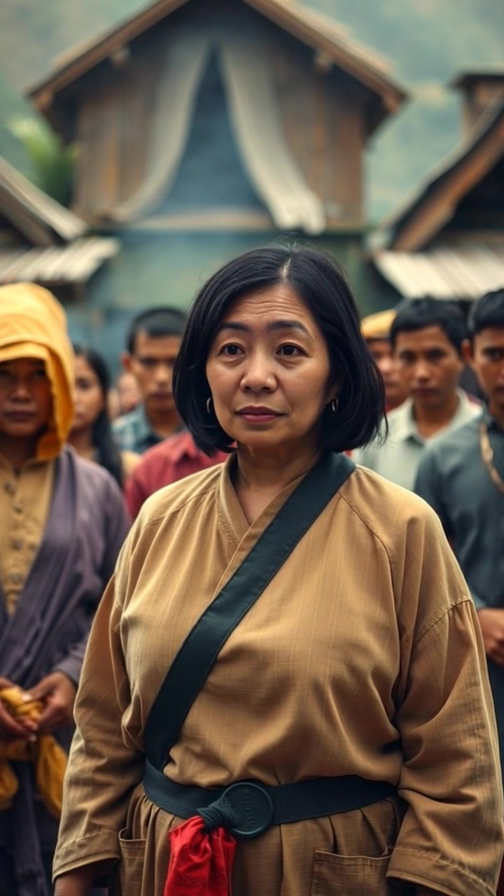 Scene: A tense moment in a quaint village as a young woman stands at the center, surrounded by a group of villagers who hold disapproving expressions. Style: Ambient light of a cloudy day enhances the somber atmosphere, with muted colors reflecting the villagers' discontent. Motion: Camera slowly pushes in on the woman, capturing her unease as the villagers' negative energy intensifies, focusing on the contrast between her vulnerability and their collective judgment.
