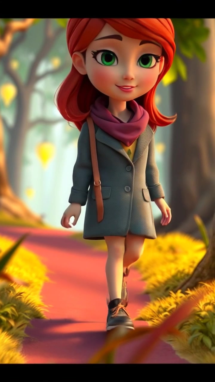 Scene: A winding forest path surrounded by tall, lush greenery, with dappled sunlight filtering through the leaves. Motion: The camera gently tracks Liora's feet as they take careful, deliberate steps along the path, showcasing the texture of the forest floor beneath. Style: Soft, ambient lighting creating a serene and inviting atmosphere, emphasizing the tranquility of the forest.