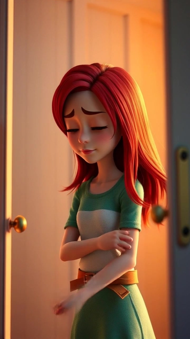 Subject: A young woman standing at her bedroom door. Subject movement: She takes a deep breath, reflecting a moment of determination mixed with nerves. Scene: Cozy bedroom with soft decor and warm colors, bathed in gentle morning light. Motion: The camera slowly pushes in towards her, capturing her expression and the subtle shift in her posture as she prepares to step forward, with an inviting atmosphere enhanced by the soft glow of the room.