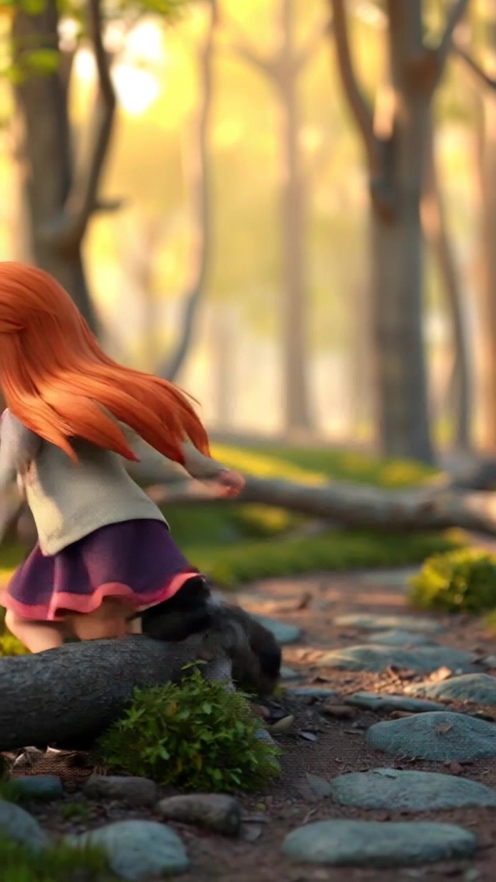 Subject: Clara navigating a winding path through a lush forest. Subject movement: Clara walks steadily, skillfully stepping over fallen branches and weaving around trees. Scene: Dense forest with sunlight filtering through the canopy, casting dappled shadows on the forest floor. Style: Soft, natural light with a vibrant green color palette enhancing the foliage. Motion: Handheld camera tracking shot following Clara from a slight distance, capturing her movements through the obstacles with an immersive, dynamic feel.