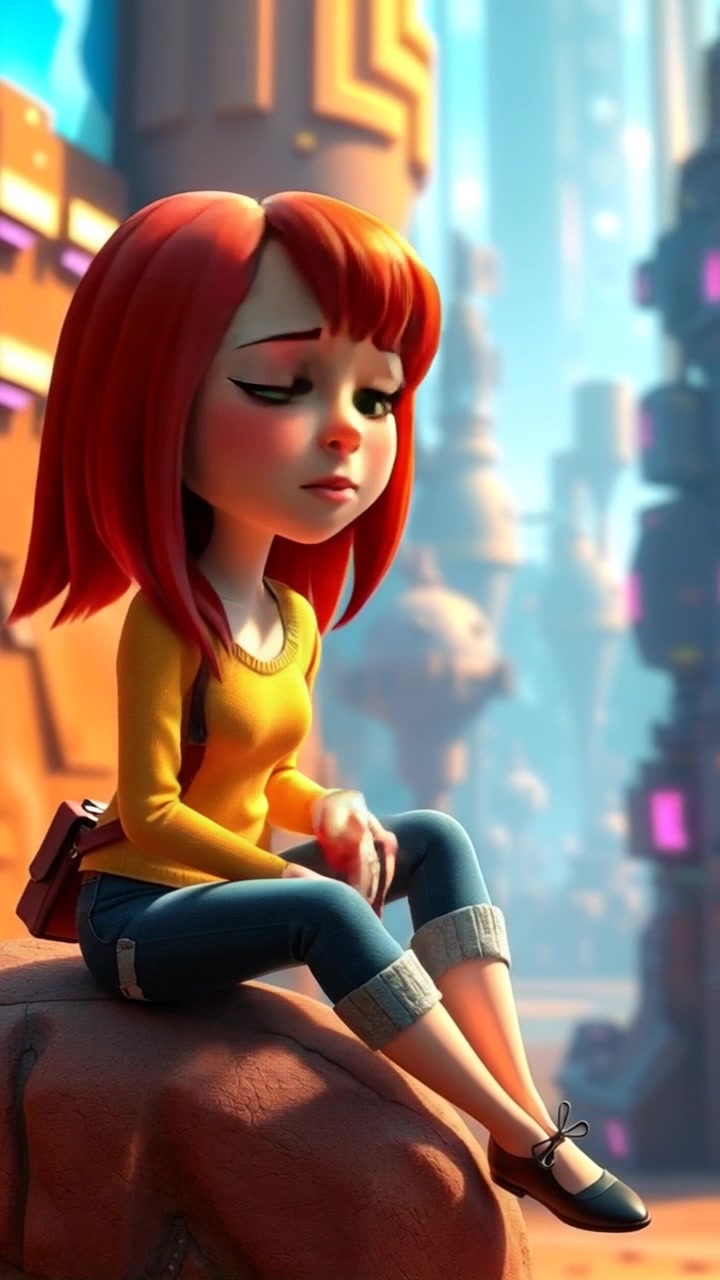 Subject: A thoughtful Fortnite Hero sitting on a rock, looking pensive against a backdrop of a vibrant, futuristic cityscape illuminated by neon lights. Subject movement: The hero shifts slightly, adjusting their posture as they scan the horizon for potential challenges. Scene: The futuristic world teems with advanced architecture and floating vehicles, giving an impression of a bustling environment. Style: High-contrast lighting with vibrant neon hues creating a dynamic atmosphere. Motion: Camera slowly pans around the scene, capturing the hero's contemplative moments while revealing the expansive, lively urban landscape.