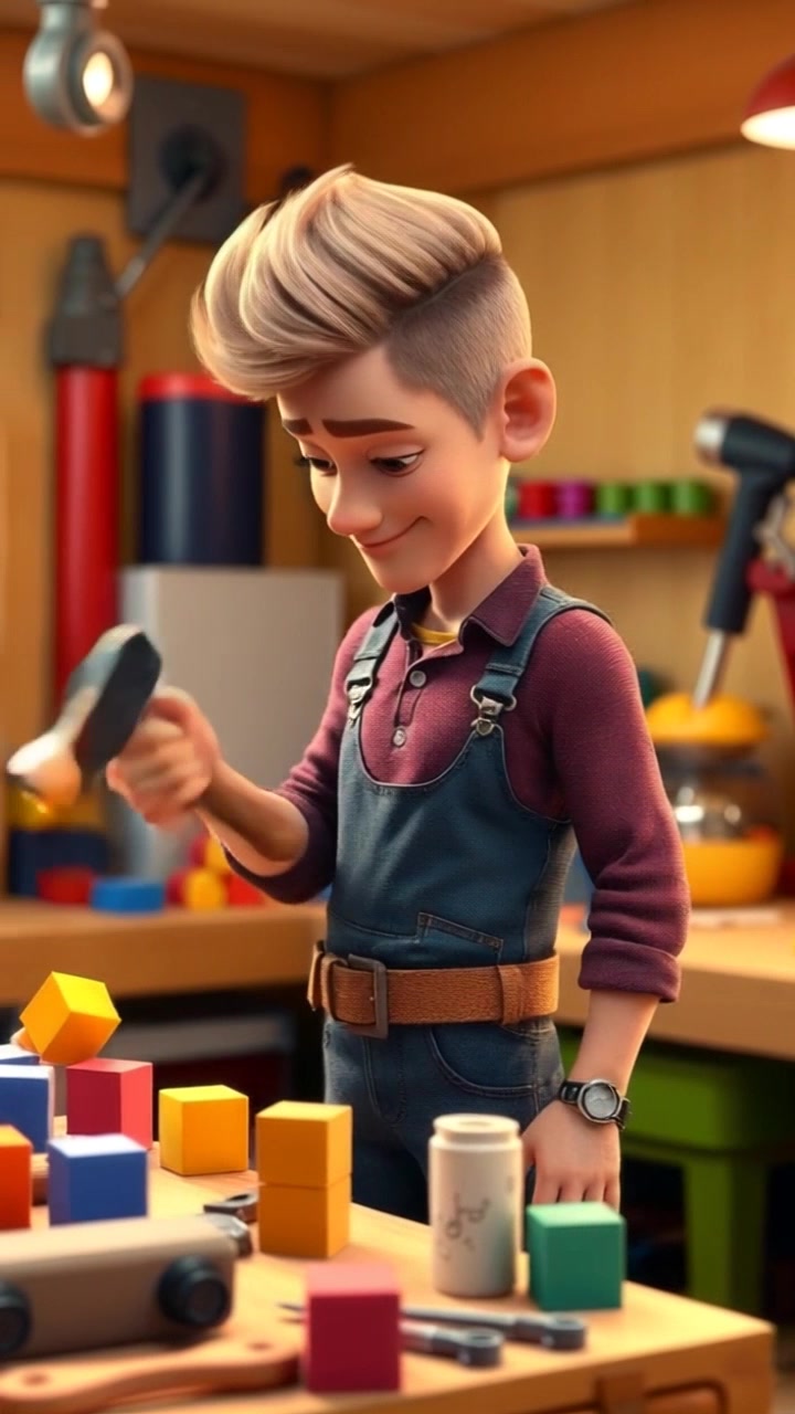 Subject: A focused individual at a workbench, holding a hammer poised to strike. Subject movement: The person brings the hammer down firmly onto a building block, sending it slightly into place while a few tools lay scattered around. Scene: A cluttered workshop filled with building blocks, tools, and a workbench, showcasing a creative environment in full swing. Style: Warm, ambient lighting illuminating the workspace with a cozy feel. Motion: Handheld camera tracking shot circling around the individual, capturing the intensity of the moment while emphasizing the action of the hammer striking down.