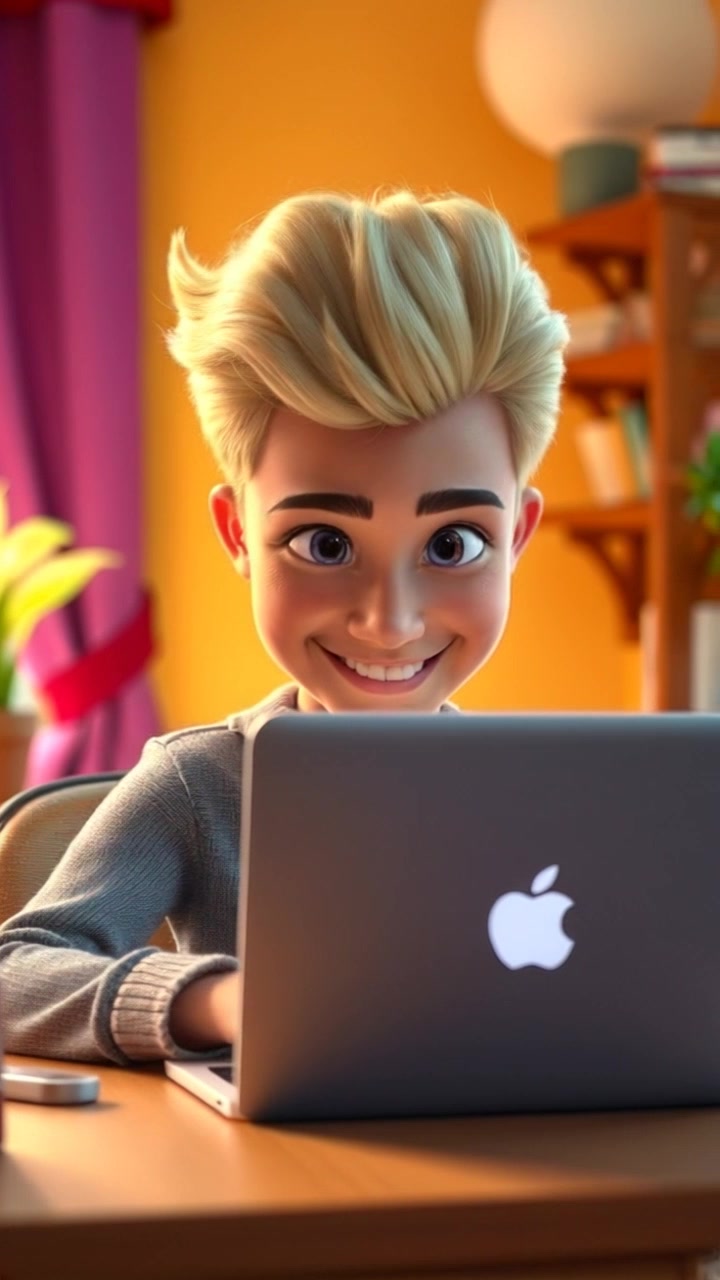 Subject: A person sitting at a desk in front of a laptop. Scene: Home office setting, with warm lighting and a cozy atmosphere, surrounded by books and plants. Subject movement: The person adjusts their chair and shifts slightly forward, preparing for a Zoom meeting. Motion: Handheld camera tracking shot from the side, capturing the individual’s engagement as they smile and interact with the laptop screen.