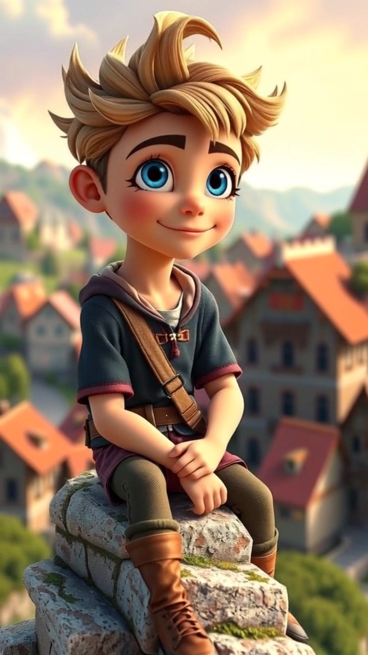 Subject: A young man seated on a stone wall. Scene: Overlooking a serene village nestled in a valley, surrounded by rolling hills and a clear blue sky. Lighting: Warm, afternoon light accentuating the vibrant colors of the village and landscape. Motion: Camera slowly zooms in, capturing the boy's contemplative expression as he gazes out over the picturesque scene, the distant sounds of village life gently fading in.