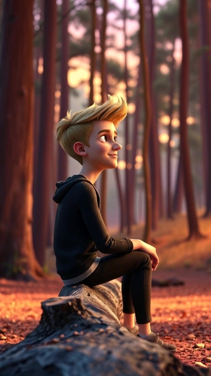 Subject: A figure sitting on a fallen log. Subject movement: The figure gazes thoughtfully at the trees, with a gentle sway indicating deep contemplation. Scene: A serene forest at dusk, with soft light filtering through the canopy and shadows lengthening across the forest floor. Style: Ambient dusk lighting creates a tranquil, moody atmosphere. Motion: Camera slowly pushes in closer to the figure, capturing their expression while gradually revealing the vibrant foliage and the fading daylight surrounding them.