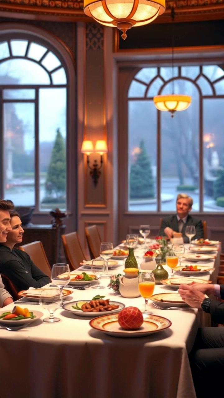 Scene: A luxurious dining room setting featuring wealthy peers seated at a long, elegantly set table, engaged in animated discussion over gourmet dishes. Style: Soft, ambient lighting enhances the opulence of the room, with shimmering candlelight reflected off polished surfaces. Motion: The camera glides smoothly along the length of the table, capturing the expressions and interactions among the guests, revealing the sumptuous meal laid out before them.