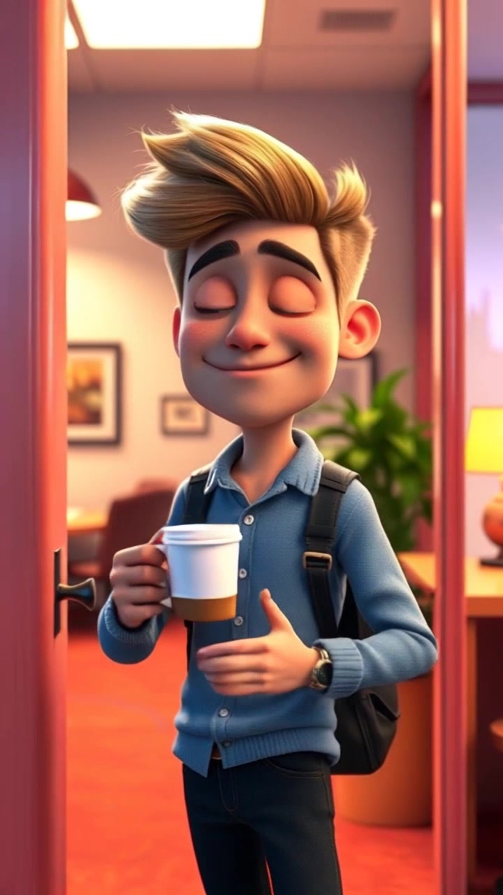 Subject: Josh entering the office, holding a cup of coffee and smiling. Subject movement: He walks in confidently, taking a sip from his coffee as he greets his coworkers. Scene: Bright and modern office with large windows and a lively atmosphere, filled with desks and plants. Style: Ambient morning light flooding in, creating a warm and inviting mood. Motion: Camera smoothly pushes in as Josh approaches, capturing his friendly demeanor while panning to reveal the bustling workspace around him.