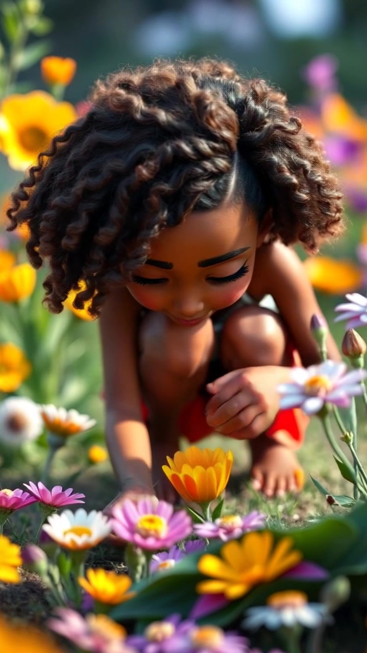Subject: A focused individual crouching among vibrant wildflowers. Subject movement: The individual gently sifts through the blossoms, examining each flower closely. Scene: A lush meadow filled with a variety of colorful wildflowers, surrounded by a soft green landscape. Style: Bright, natural sunlight illuminating the petals, creating a cheerful atmosphere. Motion: The camera performs a smooth push-in from above, capturing the individual’s detailed exploration of the flora, while highlighting the intricate colors and textures of the flowers.