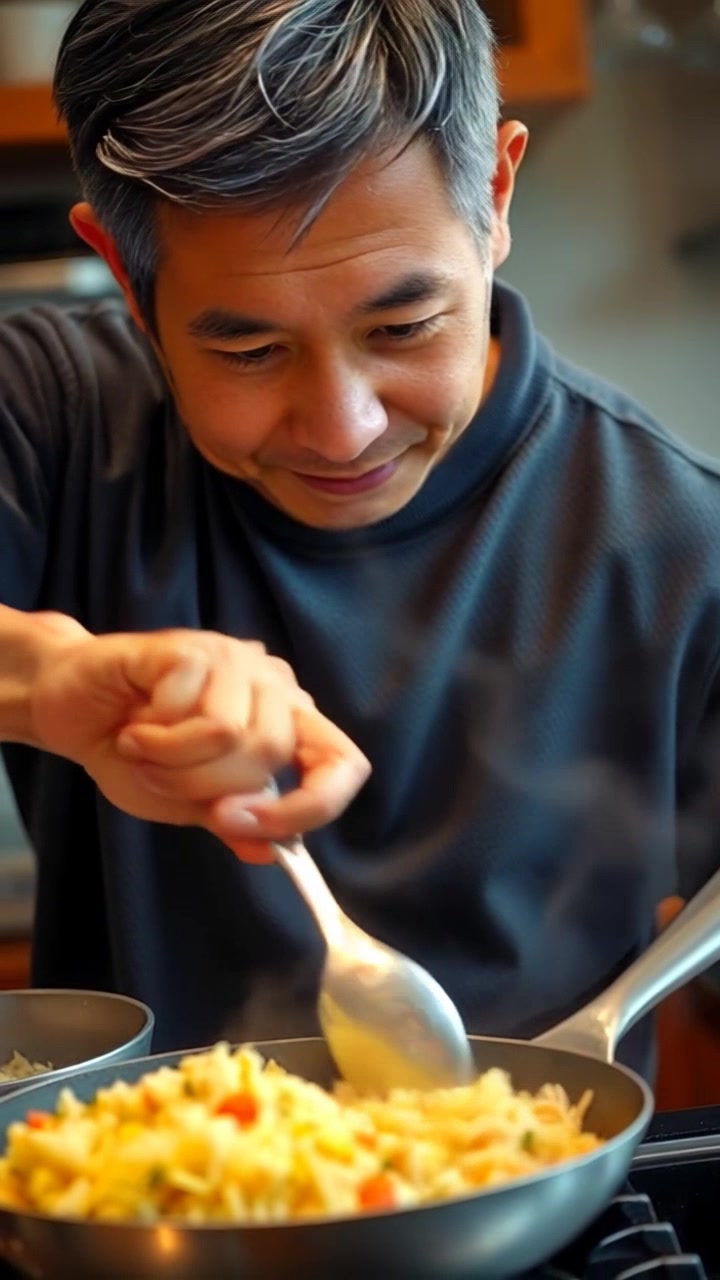 Subject: Hiro cooking in his kitchen, stirring a frying pan of fried rice. Subject movement: He moves the spatula rhythmically as he stirs, creating an inviting aroma. Scene: Cozy kitchen filled with warm colors and soft decor. Lighting: Ambient kitchen light enhancing the golden hues of the fried rice. Motion: The camera zooms in on Hiro's focused expression, then smoothly pans down to capture the vibrant meal in the pan.