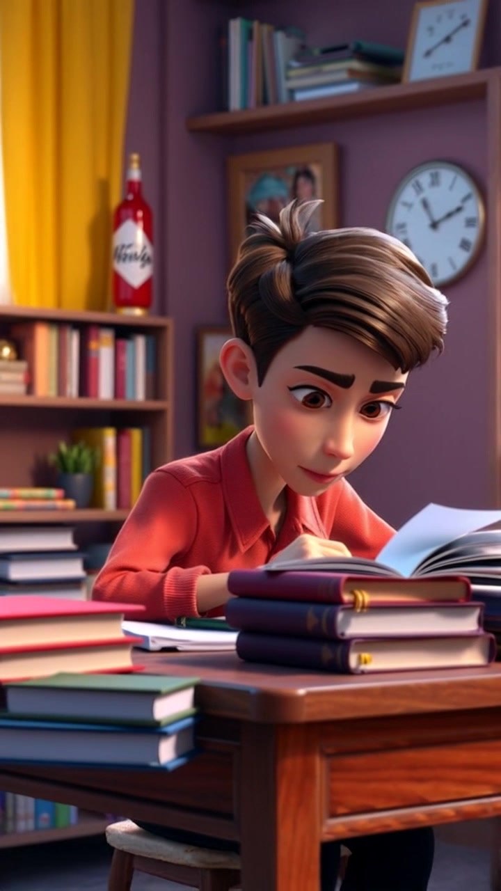 Subject: A person studying intently at a wooden desk. Subject movement: The person shifts slightly, adjusting their focus between a book and notes. Scene: Cozy room filled with books and stationery, warm ambient lighting creates an inviting atmosphere. Motion: Camera slowly zooms in on the desk and the person's concentrated expression, capturing the details of the books and stationery, then gently pulls back to reveal the entire room.