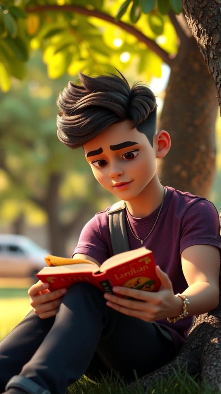 Subject: A Brahmin boy sitting under a large tree. Subject movement: He gently turns the pages of the book while occasionally glancing up with a calm expression. Scene: A serene outdoor setting with dappled sunlight filtering through the tree leaves, casting moving shadows on the ground. Style: Soft, warm light creating an inviting atmosphere. Motion: The camera slowly circles around the boy, subtly zooming in as he reads, enhancing the peacefulness of the moment.