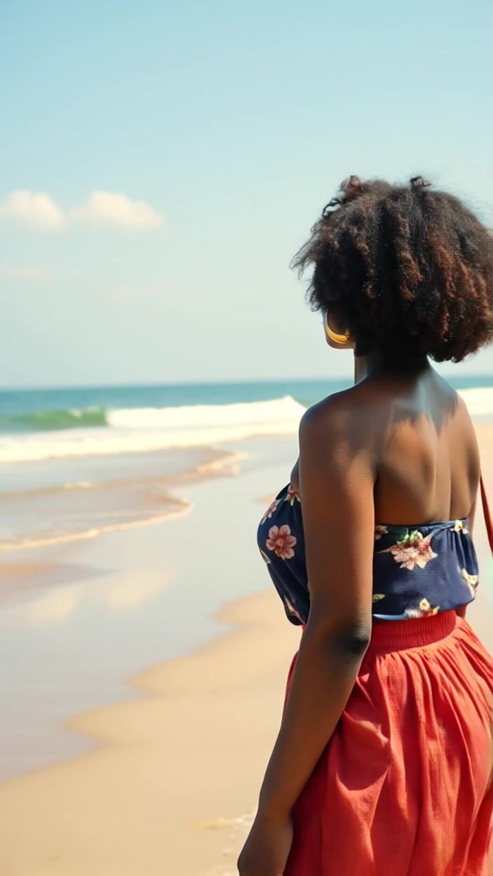 Subject: A woman strolling along a picturesque beach. Subject movement: She walks slowly, lost in thought, the waves gently lapping at her feet. Scene: A serene beach setting at sunrise, soft pink and orange hues coloring the sky and reflecting on the water. Style: Warm, inviting morning light illuminating the sandy shore. Motion: The camera follows her with a smooth tracking shot, gently swaying side to side, capturing her contemplative demeanor as she glances at the horizon.
