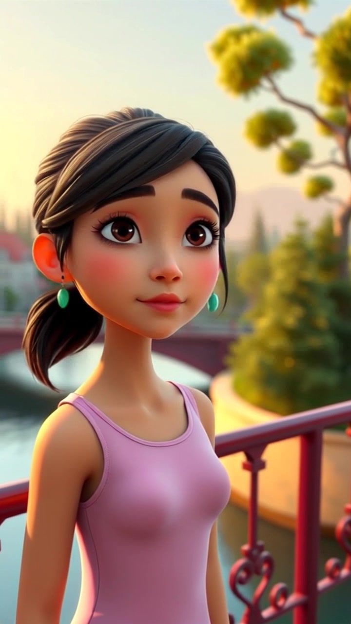 Subject: Kira standing on a bridge. Subject movement: Kira leans slightly over the railing, gazing thoughtfully at the flowing river below. Scene: A scenic bridge with a vibrant river beneath, surrounded by lush trees and distant buildings. Style: Soft, natural lighting during the golden hour creates a warm atmosphere. Motion: The camera slowly pushes in, capturing Kira's contemplative expression as the lush environment surrounding her comes into focus.
