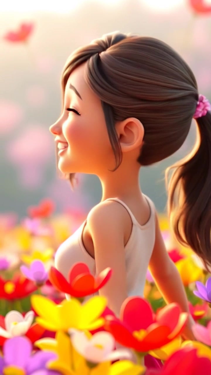 Subject: A young girl joyfully playing in a vibrant field of flowers. Subject movement: The girl spins around with arms outstretched, her laughter echoing through the air. Scene: A bright, colorful field filled with a variety of blooming flowers under a clear blue sky. Style: Warm sunlight casts a golden glow over the scene, creating an inviting atmosphere. Motion: The camera performs a smooth, sweeping panning shot, capturing the girl's playful movements as she dances through the flowers, with petals gently swaying in the breeze.