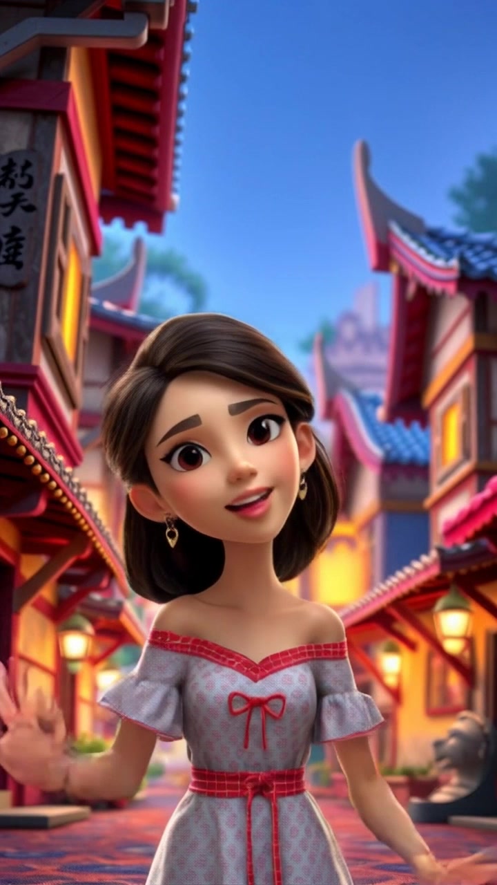 Scene: A vibrant village bustling with activity, featuring colorful houses and villagers animatedly listening to Lulu as she shares her adventure. Style: Bright, cheerful morning light accentuating the lively atmosphere and the intricate details of the village. Motion: The camera uses a dynamic tracking shot, sweeping through the village to capture the engaged expressions of the villagers and Lulu's animated gestures, creating an immersive storytelling experience.