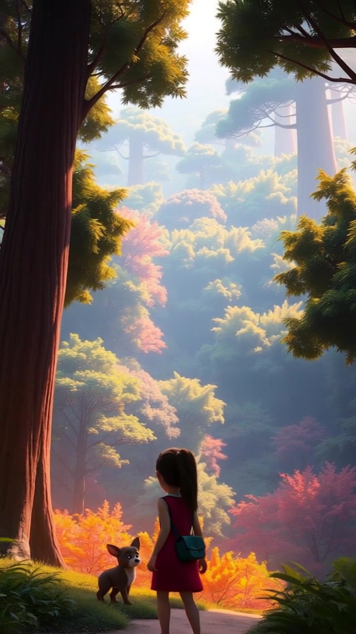 Scene: A panoramic view of a vast forest with a small silhouette visible within the expansive greenery. Style: Ambient light filtering through the lush canopy, creating dappled patterns on the forest floor. Motion: The camera performs a slow, sweeping panoramic shot that gracefully reveals the full majesty of the forest while the silhouette of the figure traverses the landscape.