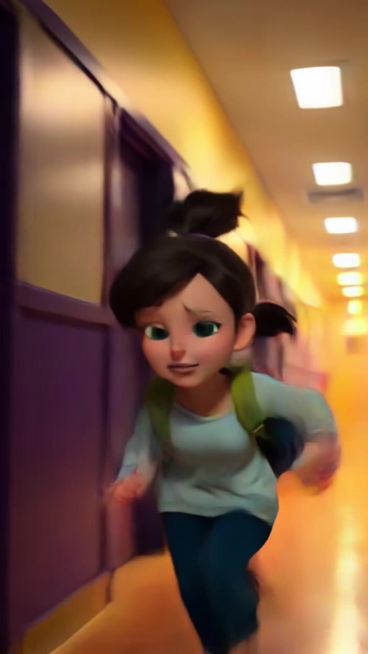 Subject: A young woman running down a hallway. Subject movement: The woman dashes toward a dorm room, panic evident in her posture as her hair flows behind her. Scene: An indoor hallway with rustic decor leading to a dorm room door, the walls lined with motivational posters. Style: Bright overhead fluorescent lighting creating a stark contrast with the deep shadows along the corridor. Motion: The camera follows her swiftly in a handheld style, capturing her urgency and the echoing footsteps as she approaches the door.
