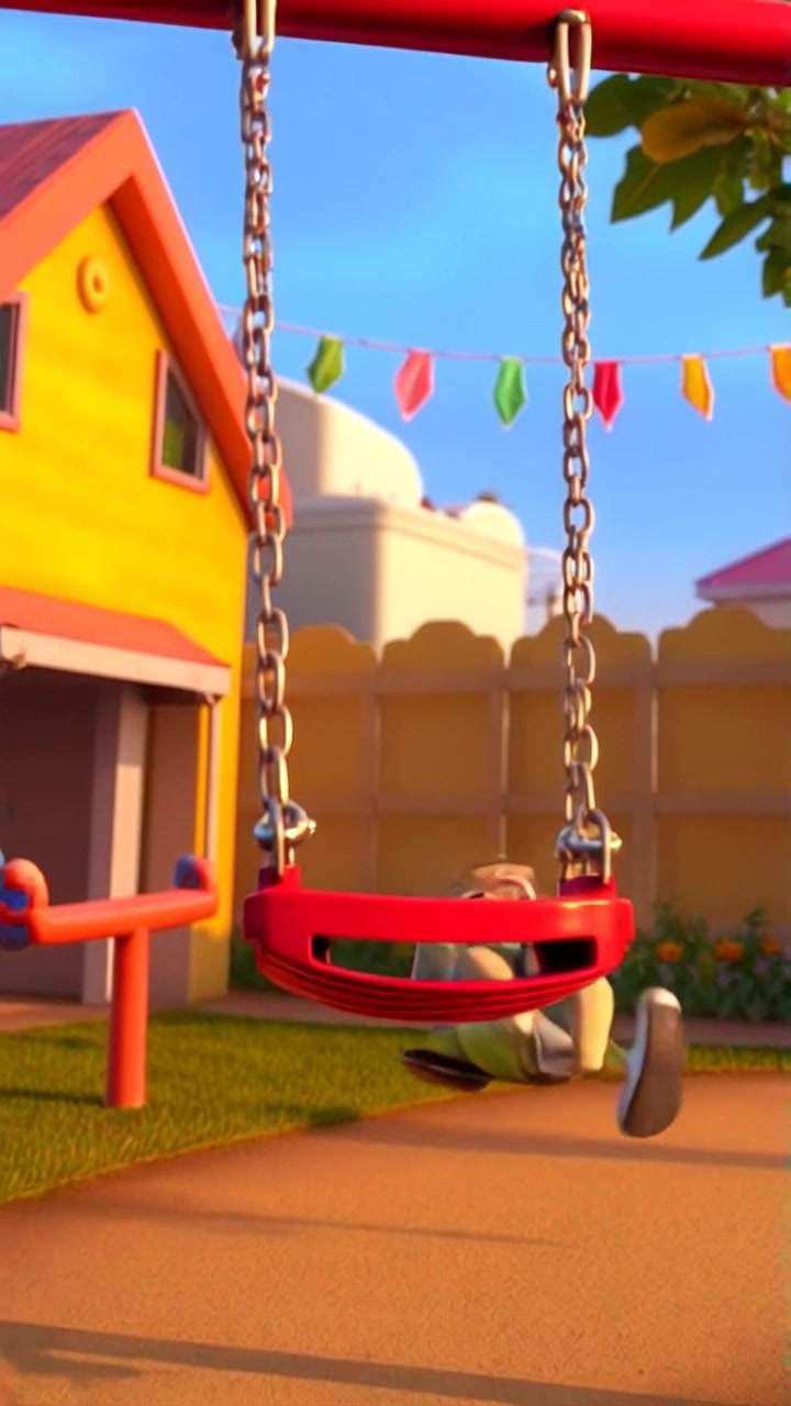 Subject: Yunda playfully peeking out from behind a swing set. Subject movement: Yunda bounces back and forth lightly, hiding and revealing herself with an infectious smile. Scene: A vibrant playground filled with colorful swings, green grass, and blooming flowers under a clear blue sky. Style: Bright, cheerful daytime lighting enhances the playful atmosphere. Motion: The camera dollies in closely, capturing Yunda's expressive face with a soft focus on the swing set in the background, before pulling back to reveal the lively playground setting.