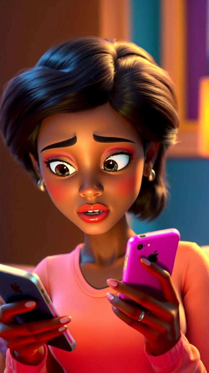 Subject: Nmesoma looking skeptical at her phone with an expression of doubt. Subject movement: She shifts slightly in her seat, glancing side to side as if contemplating. Scene: A cozy living room setting with soft furnishings and warm decor. Style: Soft ambient lighting creating an inviting atmosphere. Motion: The camera performs a close-up push in on her face, capturing the nuances of her expression, then gently pulls back to reveal the context of her surroundings.