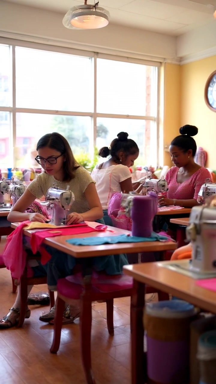 Scene: A vibrant sewing class led by an instructor in a bright, creative studio, with enthusiastic women busily operating sewing machines, fabrics strewn across tables. Style: Bright, natural lighting streams in through large windows, giving the room an inviting atmosphere. Motion: The camera glides through the workshop, capturing various angles as the women concentrate on their projects, with occasional close-ups of hands deftly maneuvering fabric and needles.