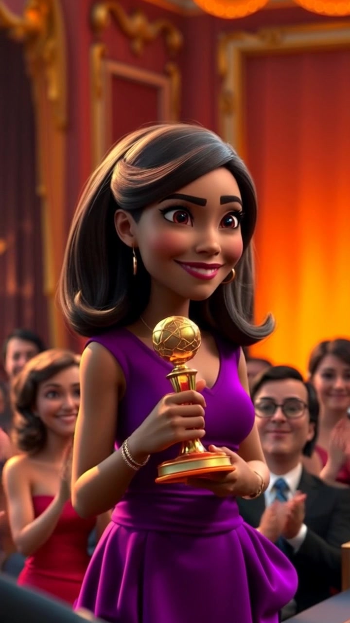 Subject: A woman smiling while holding a trophy as she receives an award on stage. Subject movement: She raises the trophy triumphantly, basking in the applause of the audience. Scene: Awards ceremony setting with an elegantly decorated stage, spotlight illuminating the subject against a blurred crowd. Lighting: Soft spotlight highlighting the subject amidst the warm, ambient glow of the audience lights. Motion: Camera slowly pushes in from the audience perspective, capturing the emotion in her expression and the excitement of the atmosphere.