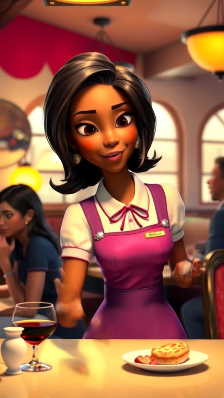 Subject: A waitress in a uniform, bustling around a busy diner, serving customers with a friendly smile. Subject movement: The waitress swiftly moves between tables, balancing trays of food and drink, while interacting with patrons. Scene: A vibrant diner filled with colorful decor and bustling activities, sunlight streaming in through large windows. Style: Bright, midday lighting creating a lively atmosphere. Motion: The camera follows a handheld tracking shot, capturing the waitress as she navigates the space, focusing on her interactions and the lively diner ambiance.