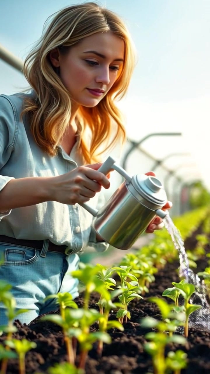 Subject: A gardener tending to her seedlings. Subject movement: She gently waters the small emerging plants, her hands moving in a rhythmic motion to cover each little sprout. Scene: A vibrant garden filled with budding plants under a soft blue sky. Style: Bright, natural lighting, creating an inviting atmosphere. Motion: The camera follows her movements closely, smoothly panning around to showcase the flourishing garden while capturing the gentle sway of the plants.