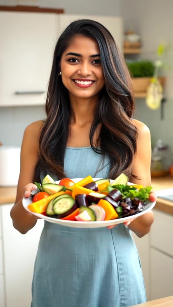 Subject: A person named Priya holding a colorful plate filled with fresh salad, showcasing a variety of vibrant vegetables. Subject movement: She smiles and gently rotates the plate to display the colorful ingredients. Scene: A bright and airy kitchen filled with sunlight, featuring modern appliances and cheerful decor. Style: Morning light streaming through the window, creating a warm and inviting atmosphere. Motion: The camera begins with a close-up of the salad before smoothly pulling back to reveal Priya and the kitchen setting.