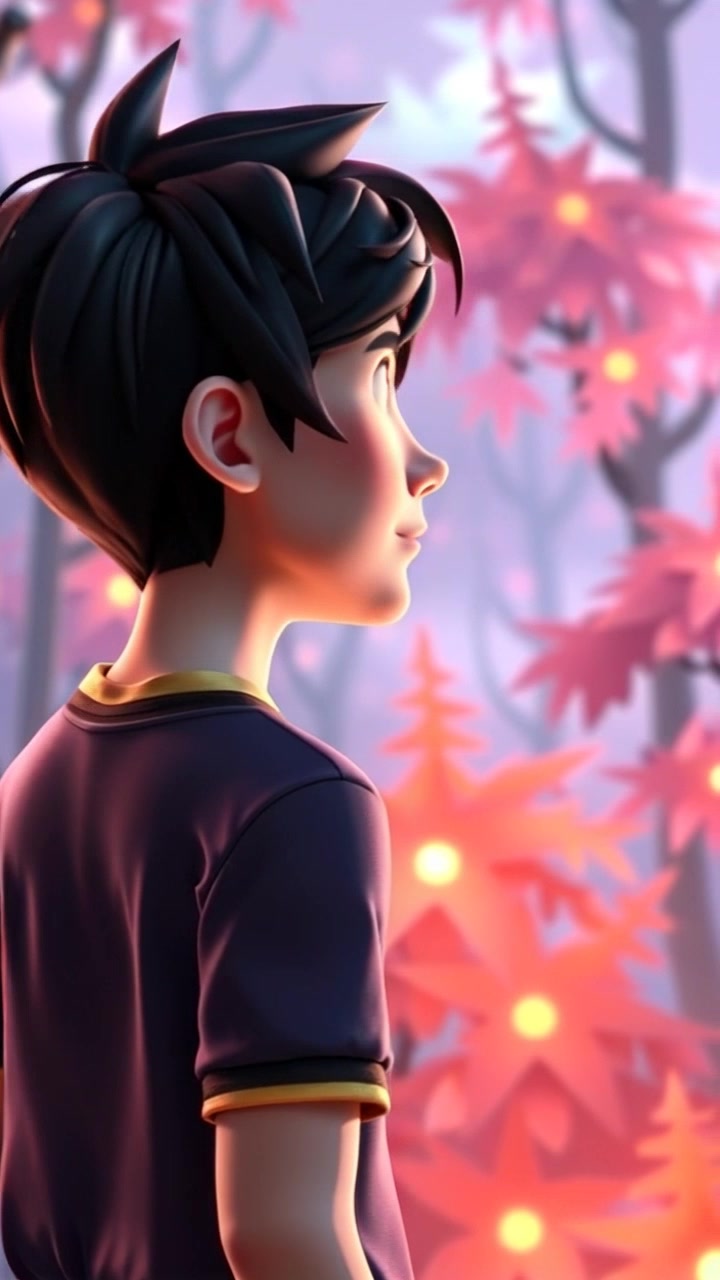 Subject: A young boy standing at the edge of Aetheria. Subject movement: Kael gazes in wonder, his posture shifting slightly as he takes in the glowing forest before him. Scene: The edge of Aetheria, a magical landscape with luminous trees casting an ethereal glow. Style: Soft, ambient light illuminating the vibrant colors of the forest, creating a mystical atmosphere. Motion: Camera slowly pans in towards Kael, capturing his expression of awe while the enchanting forest transitions smoothly into view.