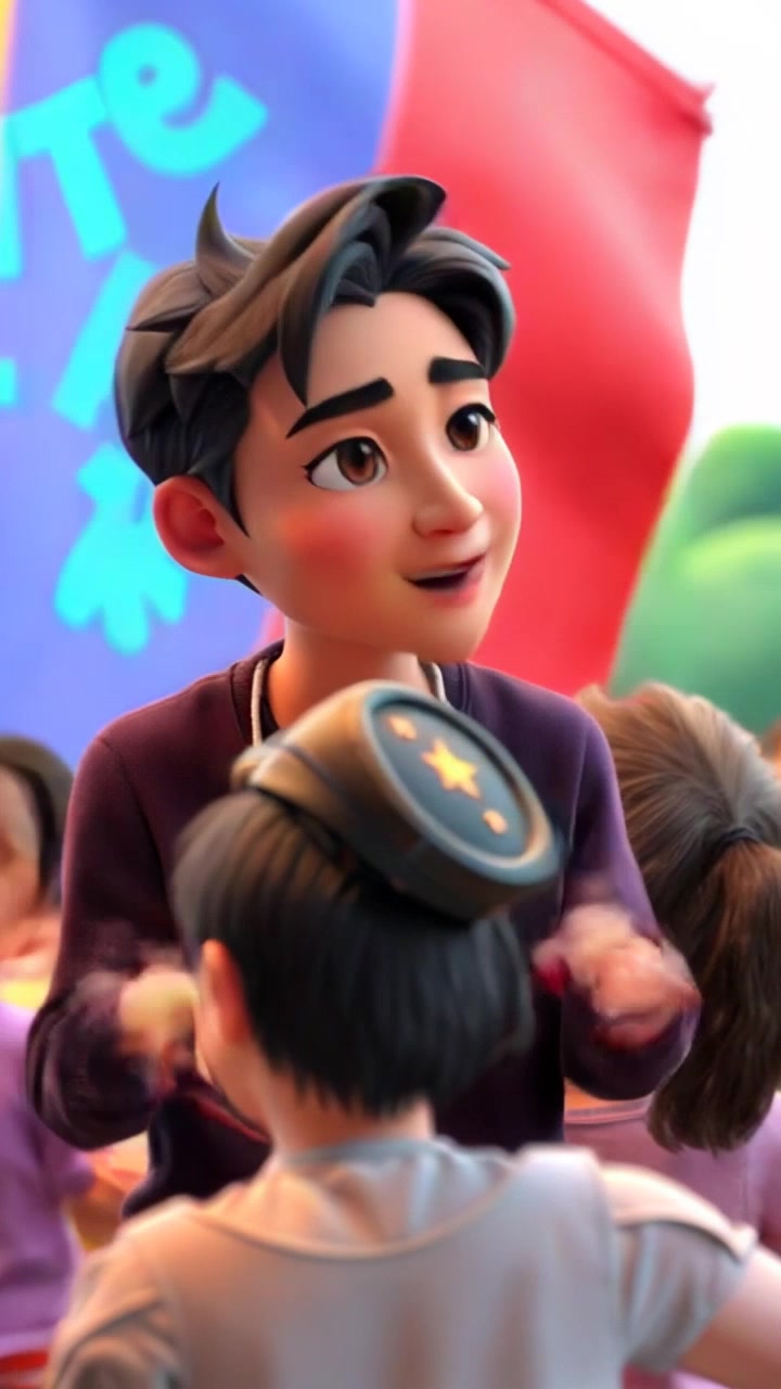 Subject: A passionate Star Player delivering an encouraging speech to a group of younger players at a lively community event. Subject movement: The Star Player gestures animatedly, inspiring the audience with dynamic movements. Scene: A vibrant park setting filled with excited children and families, with colorful banners and cheering crowds. Style: Bright, cheerful lighting capturing the energy of the day, creating an inviting atmosphere. Motion: The camera smoothly pans around the Star Player, capturing their animated expressions and the captivated reactions of the younger players.