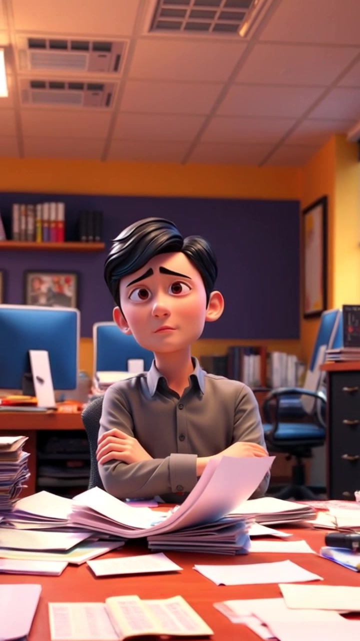 Scene: A spacious, dimly lit office filled with scattered paperwork and a stressed individual seated at a large desk. Style: Ambient lighting with a slightly harsh overhead glow reflecting off the documents, creating a tense atmosphere. Motion: The camera begins with a close-up of the person's furrowed brow, then slowly pulls back to reveal the chaos of the office around them, emphasizing the isolation of their situation.