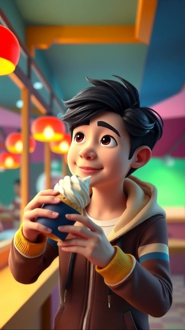 Subject: A child with a playful grin, holding an ice cream cone. Subject movement: The child takes a small step forward, tongue flicking out to taste the melting ice cream. Scene: A sunny park setting with green grass and family picnics in the background. Lighting: Warm, daylight ambiance illuminating the scene. Motion: The camera performs a gentle push in, capturing the child's joyful expression while glancing toward the colorful ice cream.