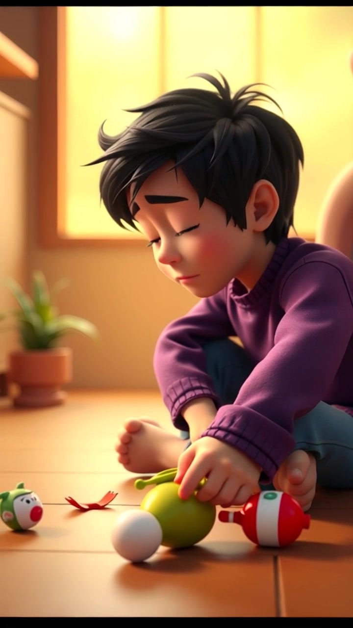 Subject: A young boy sitting on the floor, head down, looking at a broken toy with tears in his eyes. Subject movement: The boy softly shakes his head in despair, glancing briefly at the toy. Scene: A dimly lit room filled with scattered toys and soft shadows, evoking a sense of nostalgia. Style: Moody light filtering through a window, highlighting the textures of the toys and the boy's expression. Motion: Camera gently pushes in on the boy's face, capturing the depth of emotion as tears glisten in the light, then shifts to a close-up of the broken toy, emphasizing the moment's impact.