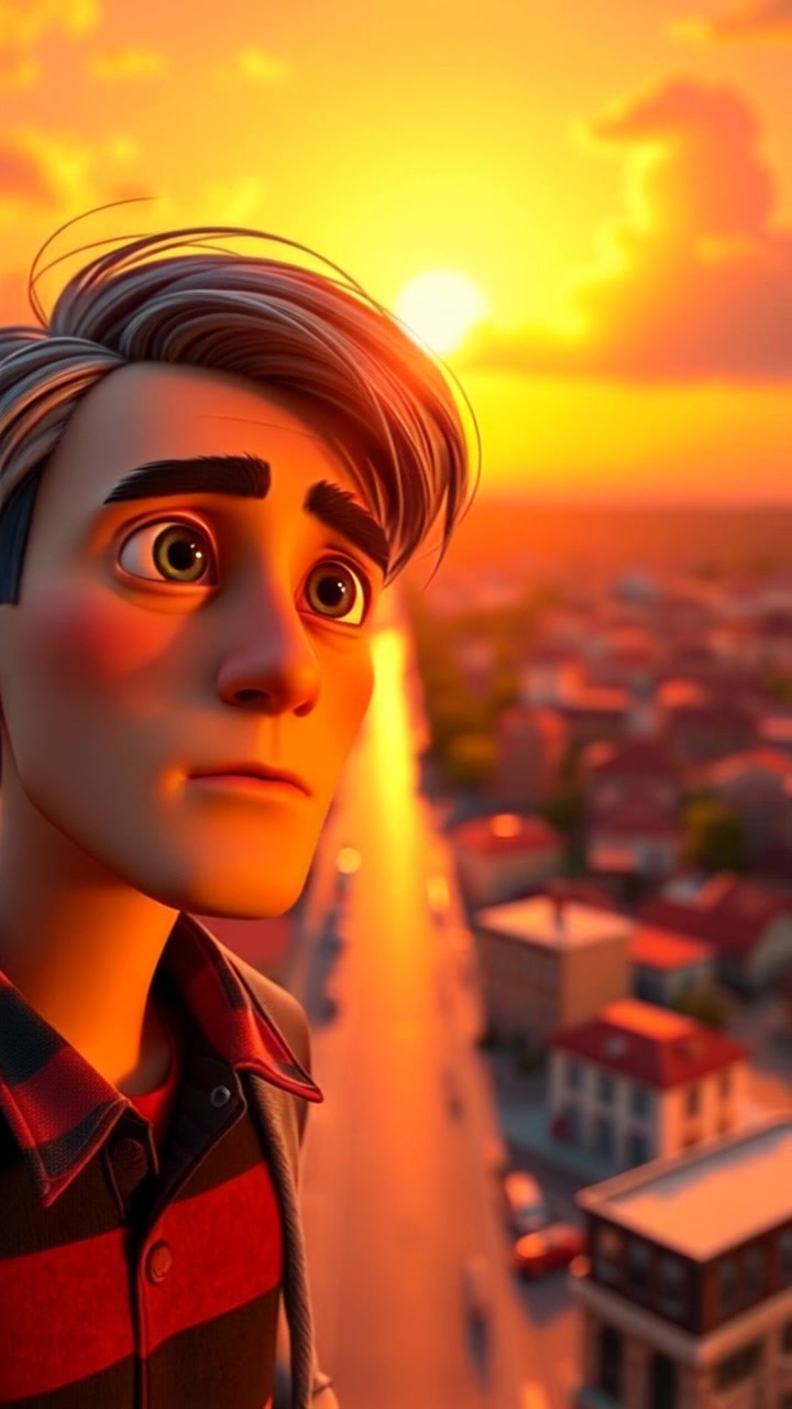 Scene: A breathtaking sunset over a town, with warm hues of orange and pink painting the sky. Style: The ambient light creates a soft glow across the rooftops and streets, enhancing the serene yet melancholic atmosphere. Motion: The camera pans slowly across the skyline, capturing the beauty of the sunset while moving toward the disheartened figure of Alex standing alone.