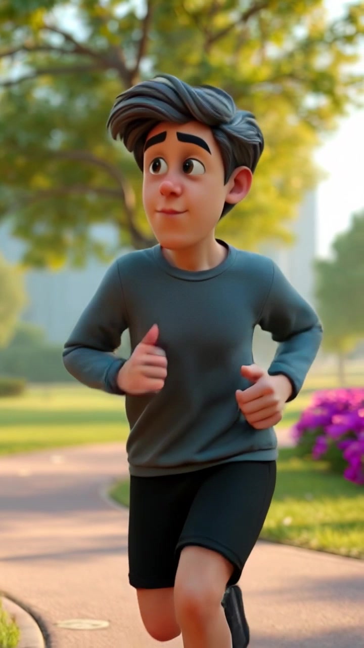 Subject: A determined individual jogging in a lush park. Subject movement: The person maintains a steady, focused pace as they navigate the winding path, breathing rhythmically with each step. Scene: Vibrant park landscape with green trees and colorful flowers, sunlight filtering through the leaves. Style: Morning light creating a fresh and energizing atmosphere, casting soft shadows on the path. Motion: Camera follows closely from the side, capturing the runner's movement in a dynamic tracking shot.