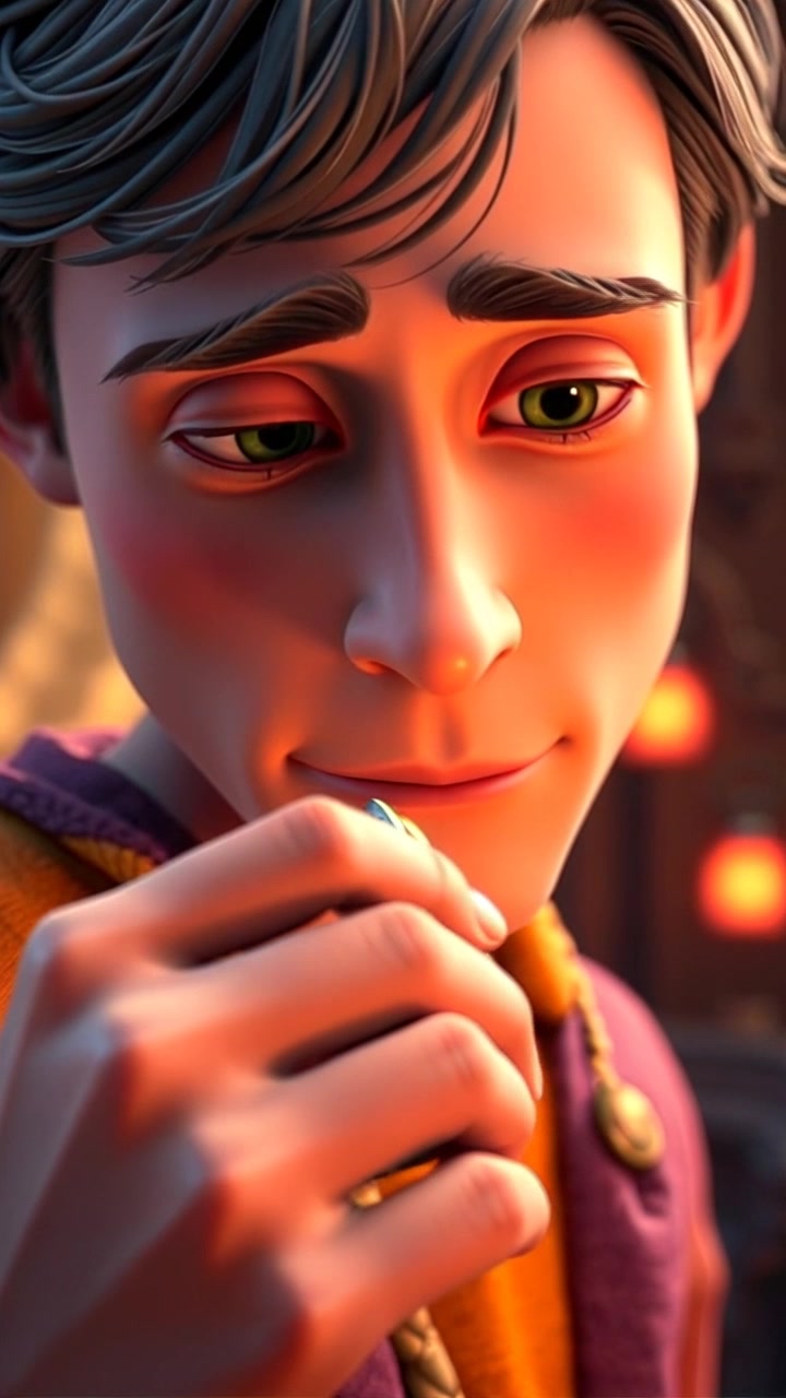 Scene: A close-up of a hand grasping a vintage locket, symbolizing deep emotional connection and nostalgia. Style: Soft, warm lighting enveloping the hand, creating an intimate atmosphere. Motion: The camera slowly pans in closer to the locket, capturing intricate details, while the fingers gently tighten around it, emphasizing a moment of reflection.