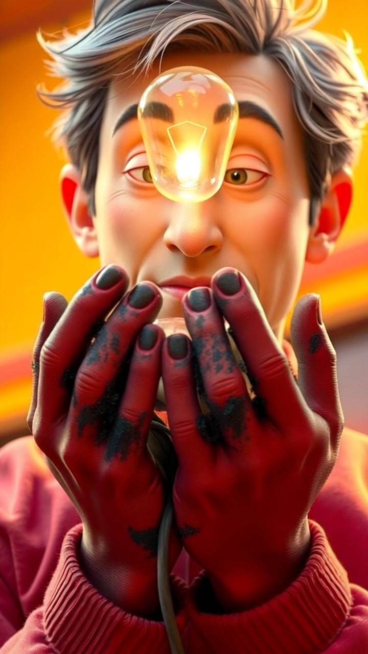 Scene: Edison's hands, stained with soot, cradling a vintage light bulb, symbolizing innovation and creation. Style: Soft, warm lighting emphasizing the textures of the hands and the glass of the bulb, creating a nostalgic aura. Motion: Camera slowly pushes in on the hands, focusing on the intricate details of the bulb while the background fades softly, drawing attention to the delicate balance of invention.