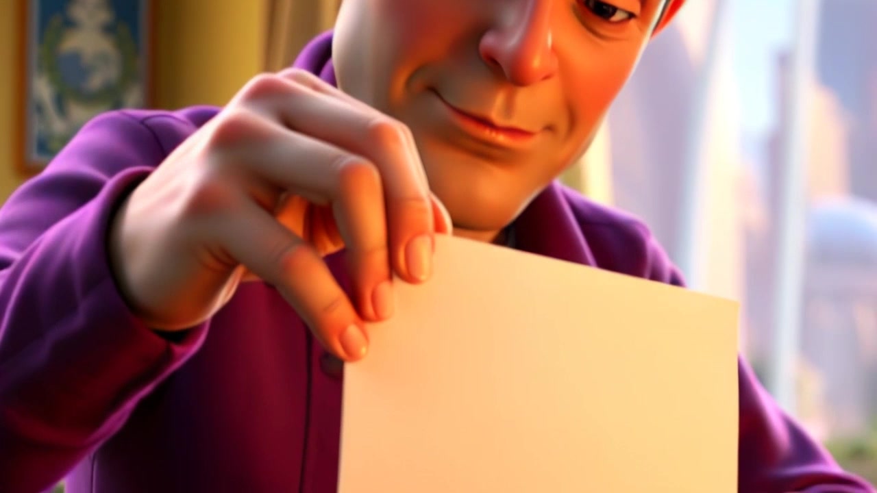 Subject: A hand smoothing out a letter. Subject movement: The hand gently presses against the paper, ensuring it lies perfectly flat. Scene: A serene indoor setting with warm lighting, focusing on a wooden table adorned with personal mementos. Motion: The camera gradually pushes in closer to capture the intimate details of the letter and the emotion on the subject's face, softly illuminated by ambient light, creating a warm and inviting atmosphere.