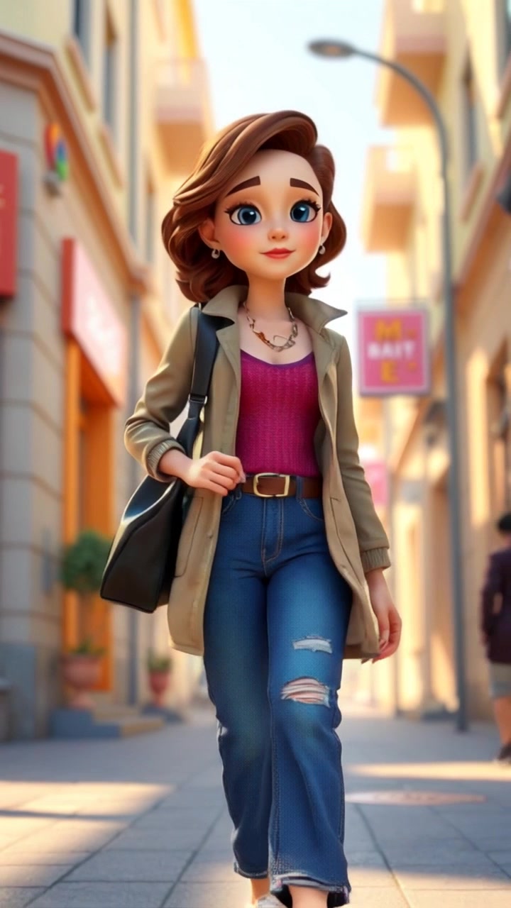 Subject: You confidently walking down the street in a trendy layered outfit. Subject movement: Walking with a purposeful stride, enjoying the fresh morning air. Scene: A vibrant urban street, lined with trendy shops and bustling with morning activity. Lighting: Bright, morning light illuminating the scene, casting soft shadows on the pavement. Motion: Camera tracks smoothly alongside as you walk, capturing the energy of the street with dynamic movements that highlight your outfit and the lively surroundings.
