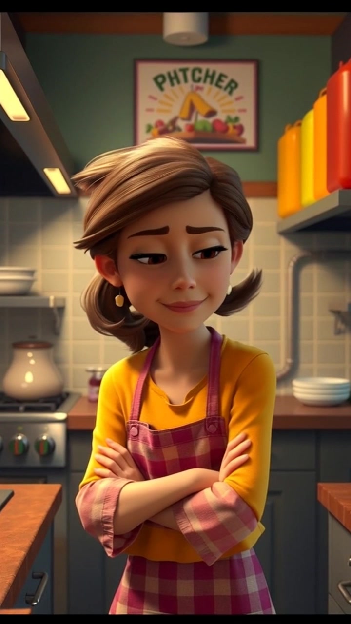 Subject: A woman gently nodding her head, her expression soft amidst the harsh kitchen environment. Scene: Bright kitchen filled with stainless steel appliances and stark lighting. Style: Cold, fluorescent light accentuating the kitchen's sleek surfaces. Motion: The camera slowly pushes in toward her face, capturing the warmth of her expression against the starkness of the surroundings.