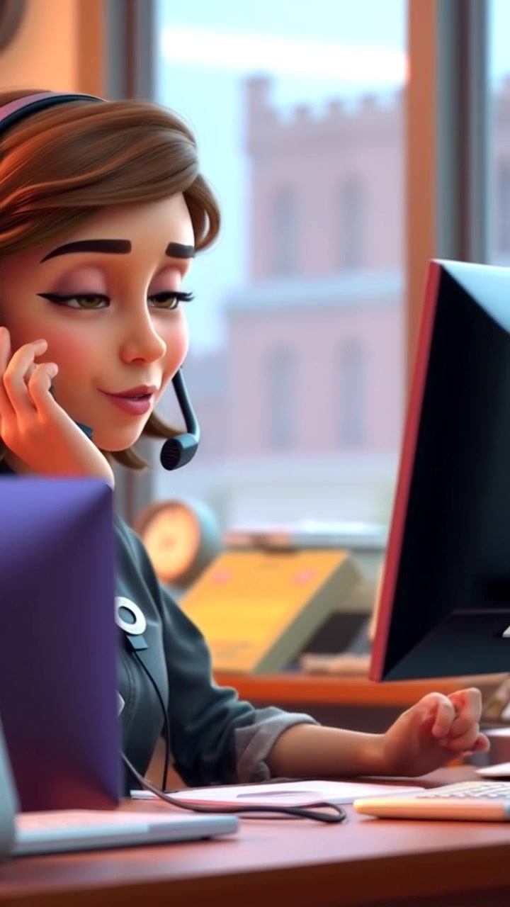 Subject: A friendly customer support agent speaking intently into a headset. Subject movement: The agent gestures animatedly while engaging with a customer, occasionally scribbling notes. Scene: A bright, modern call center filled with various customer service tools and equipment. Style: Clean, ambient lighting that enhances the inviting atmosphere. Motion: The camera gently pushes in on the agent, capturing their expressions and subtle movements as they navigate through conversations, before smoothly transitioning to the surrounding work environment.
