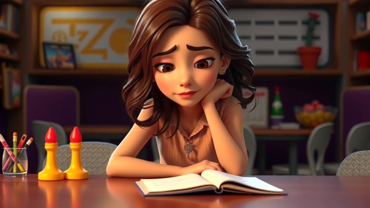 Subject: A young adult with an embarrassed expression, seated at a table, glancing down at notes. Scene: A cozy café setting with warm wooden tones and soft background chatter, creating an intimate ambiance. Motion: The camera gently tilts down to close in on the notes, then slowly pulls back to reveal more of the café atmosphere, capturing the subject's discomfort in contrast to the lively surroundings, all illuminated by soft, ambient lighting for a warm, inviting feel.