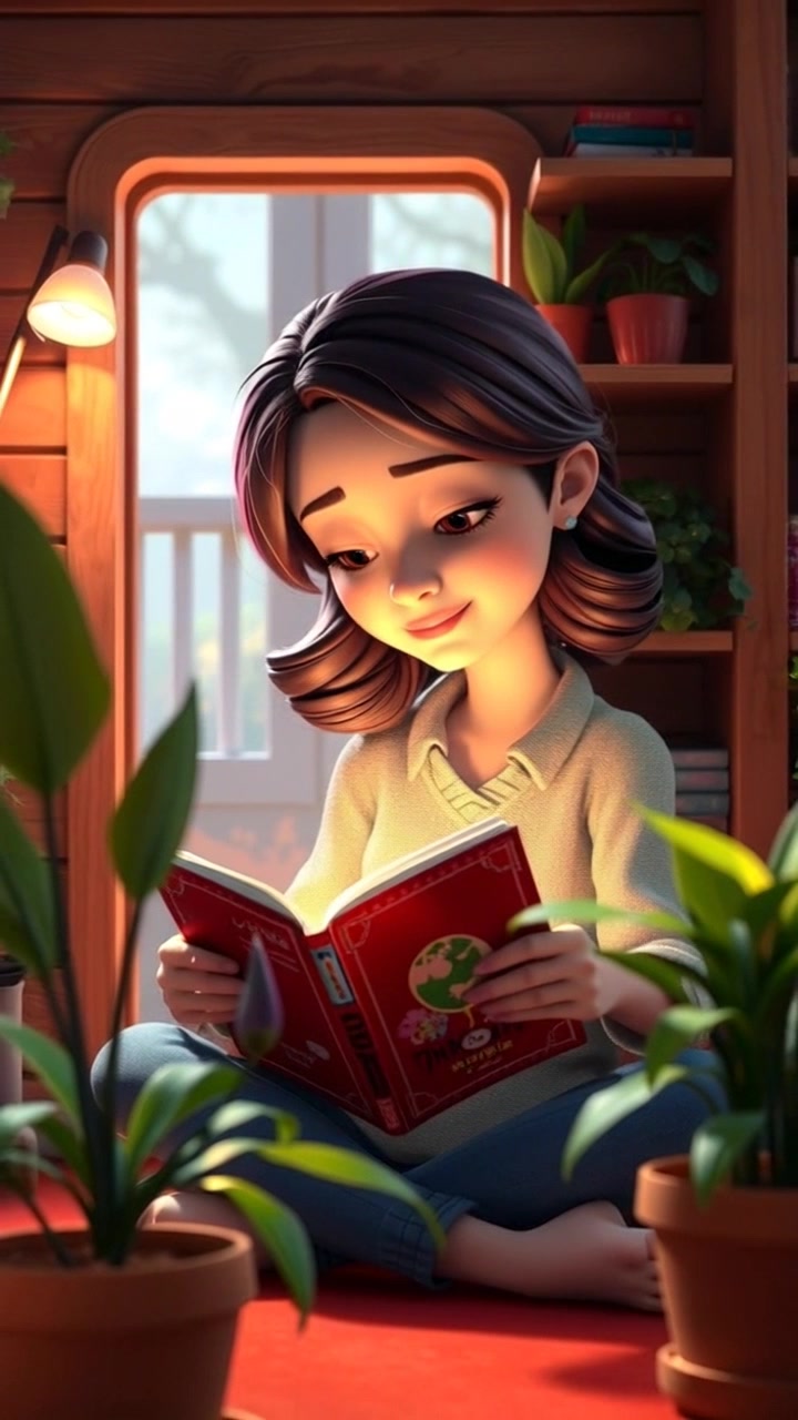 Subject: A woman peacefully reading a book. Subject movement: She shifts slightly in her chair, adjusting her position for comfort. Scene: A cozy room filled with lush green plants, warm furnishings, and soft, inviting decor. Lighting: Soft ambient light creating a tranquil atmosphere. Motion: The camera slowly pans across the room, emphasizing the serene environment, while focusing on the gentle rustle of plant leaves as sunlight filters through the window.