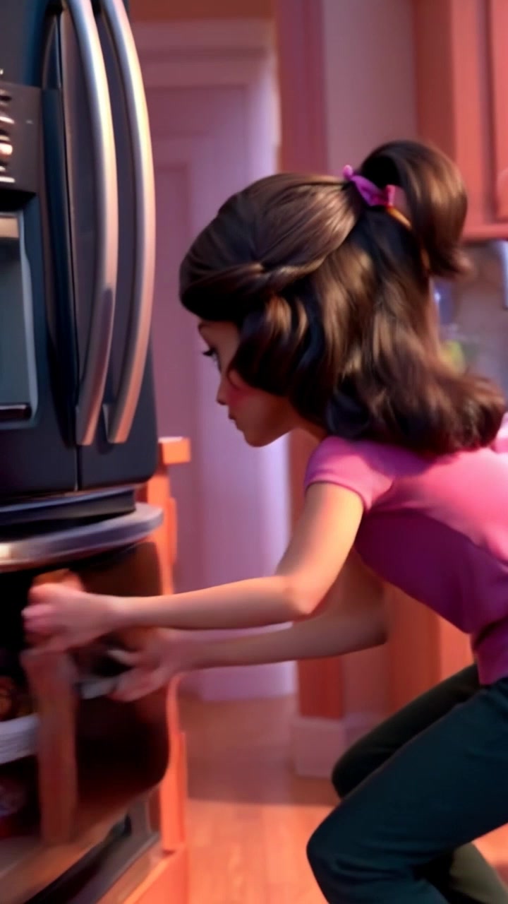 Subject: A woman with a worried expression searching through a cluttered kitchen for her missing glasses. Subject movement: She moves quickly between the counter and the cabinets, her hands frantically opening drawers and checking under items. Scene: A cozy kitchen filled with warm light, the smell of baked goods lingering in the air, while hints of a messy household show in the background. Motion: A handheld camera follows her movements closely, tracking her as she navigates the space, capturing her anxious gestures and the warmth of the home environment.