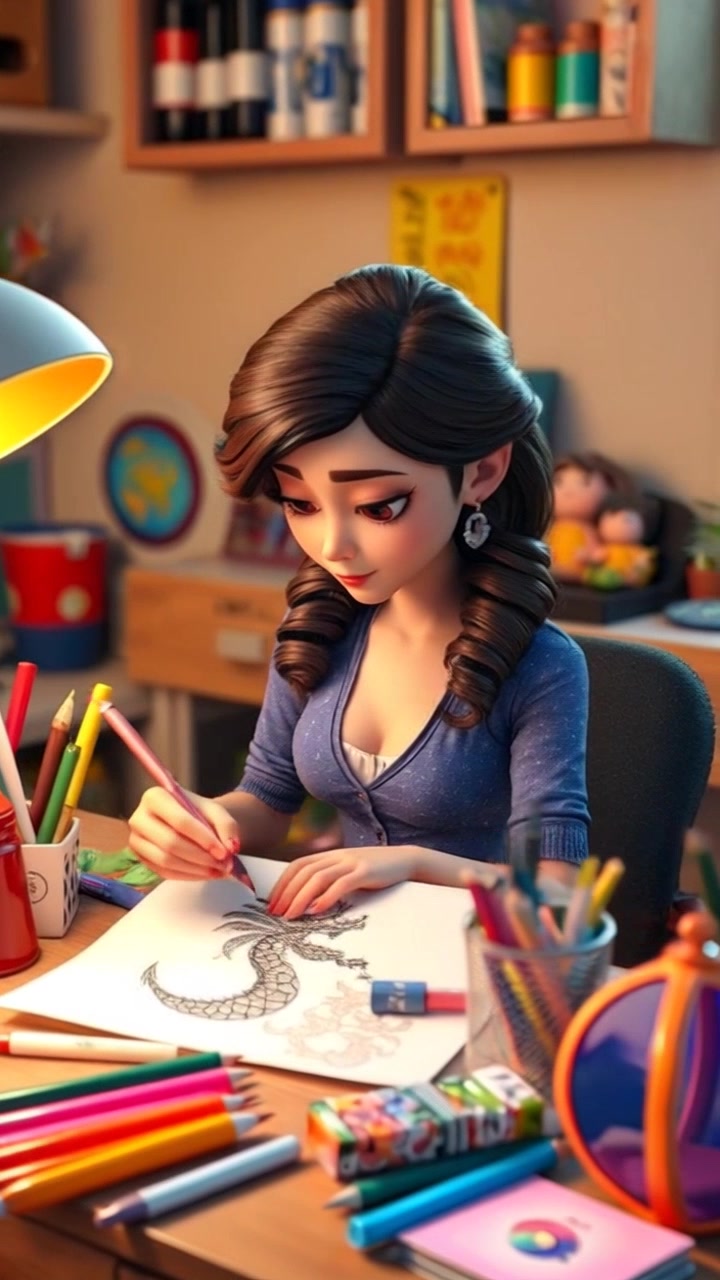 Subject: A young artist named Lily, lost in her creative process. Subject movement: She thoughtfully moves her hand across the paper, adding details to the dragon she's drawing. Scene: A cozy, bright workspace filled with colorful art supplies, papers, and sketches, with warm morning light streaming through a nearby window. Motion: The camera performs a gentle push-in towards her drawing, capturing the intricate movements of her hand and the vibrant colors of the artwork as it comes to life.