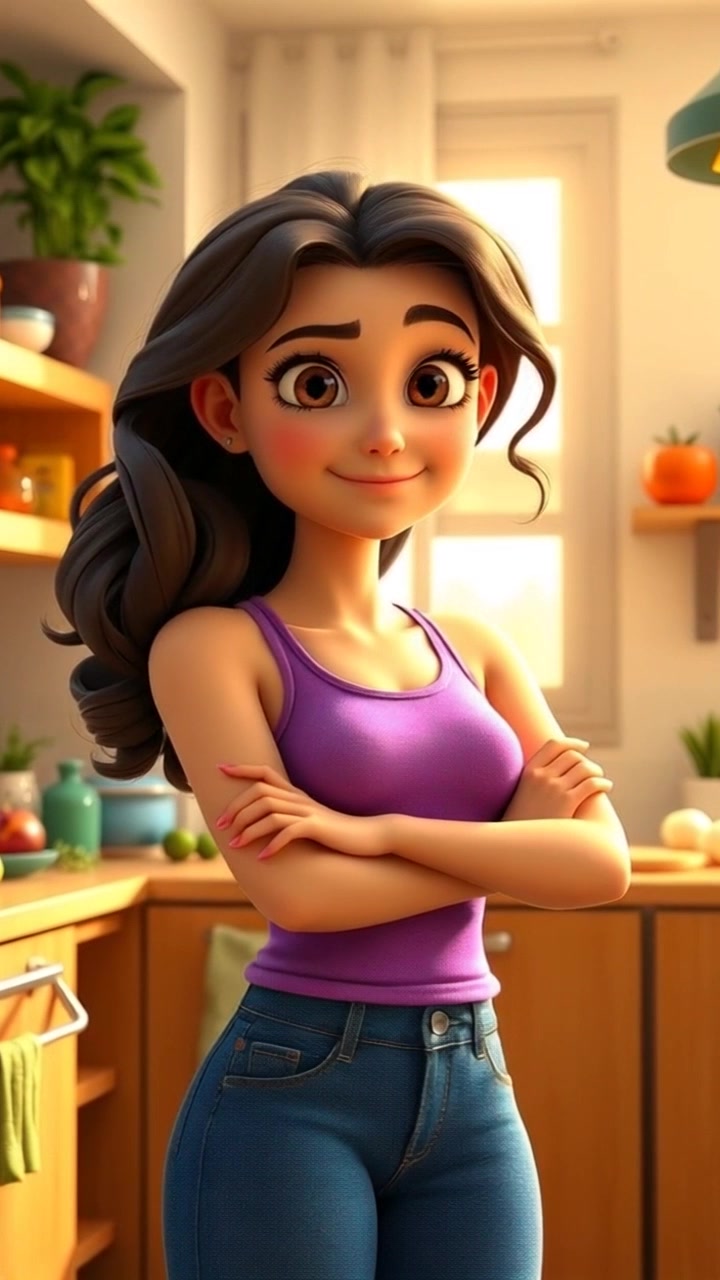 Subject: A young woman standing confidently with arms crossed. Subject movement: She remains still, exuding a sense of empowerment. Scene: A sunlit kitchen filled with an array of healthy food items, bright colors illuminating the space. Style: Warm, natural lighting streaming in from the windows, creating a vibrant and inviting atmosphere. Motion: Camera adopts a close-up shot, slowly pushing in to capture her expression and the colorful details of the kitchen while emphasizing the healthy lifestyle theme.